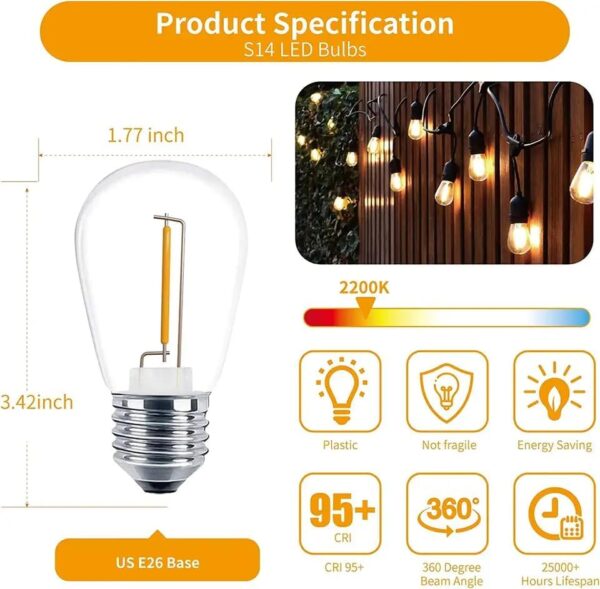 NUYA 25-Pack LED 1W String Light Bulbs, S14 Plastic Shatterproof Edison Vintage Style Replacement 1 Watt Outdoor 2200K, Waterproof, Warm White Equivalent to 11w, e26 Base - Image 6