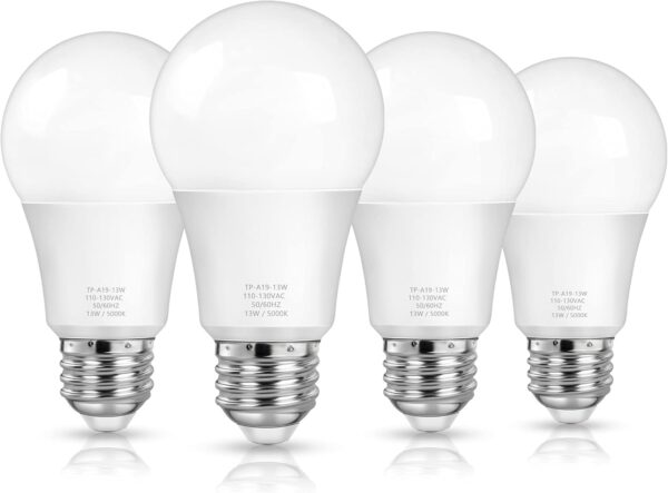 A19 LED Light Bulbs, 100 Watt Equivalent LED Bulbs, Daylight White 5000K, 1500LM, E26 Base, Non-Dimmable, 13W Bright LED Bulbs, 4-Pack
